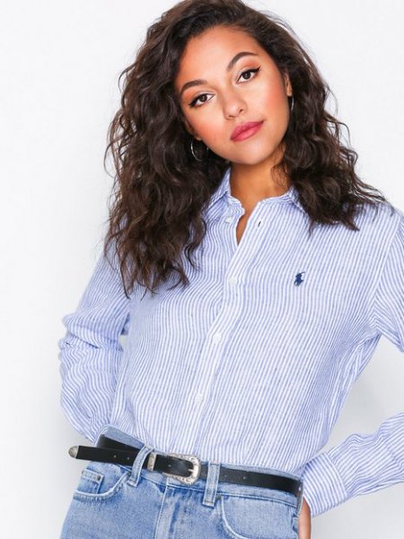 blue and white striped shirt with belted mom jeans