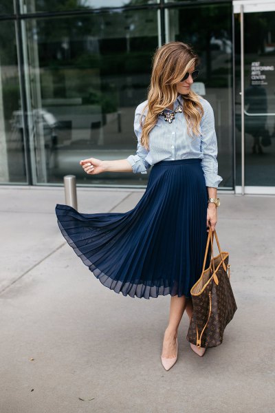 blue and white striped shirt with navy chiffon midi skirt