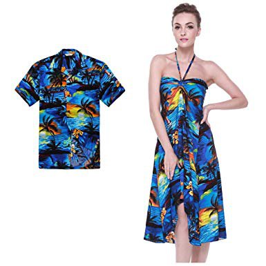 Hawaiian style mini dress with blue and yellow floral print
