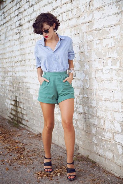 Blue button down shirt and gray vintage high waisted shorts