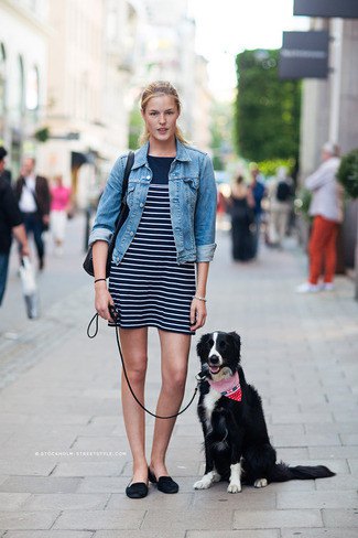 Blue denim jacket with black and white striped mini shift dress and backless suede loafers