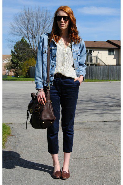 Blue denim jacket with black cropped slim fit jeans and brown leather loafers