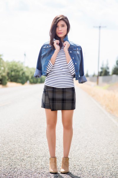 blue denim jacket with green checked mini wrap skirt