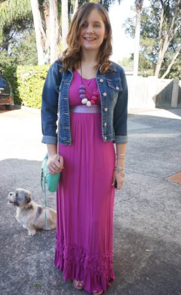 Blue denim jacket with pink belted pleated chiffon maxi dress