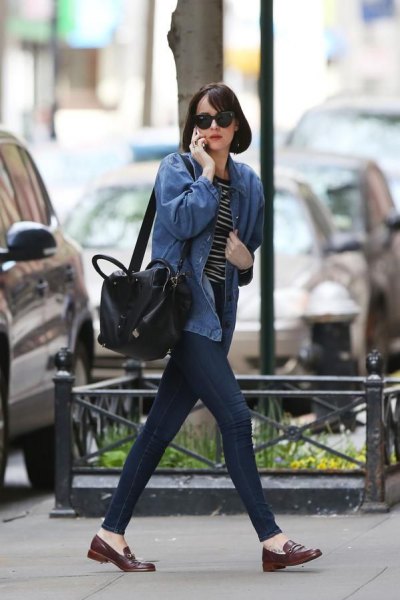 blue denim jacket with striped t-shirt and loafers