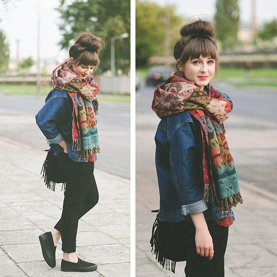blue denim jacket with tribal print scarf and black canvas slip-on shoes