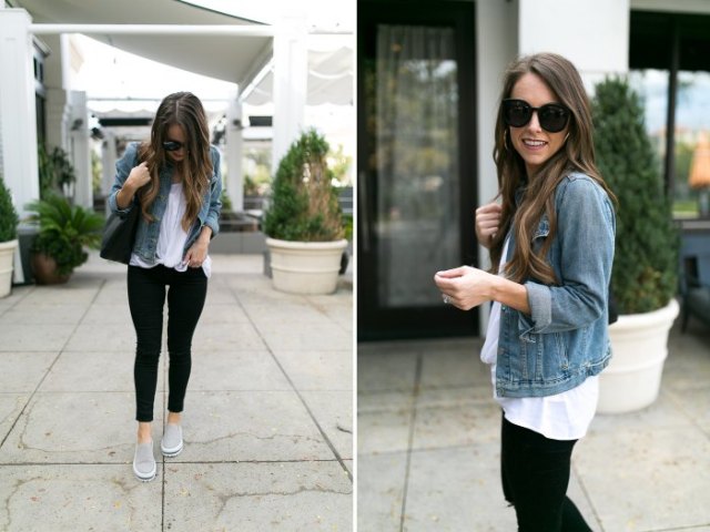 blue denim jacket with white blouse and black skinny jeans