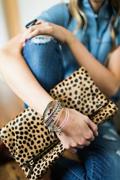 Blue denim midi jean shirt dress with leopard print handbag