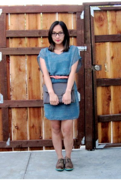 Blue denim scoop neck mini dress and brown leather wing tip
shoes