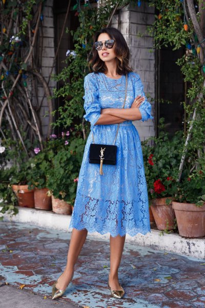 Blue lace midi dress with gathered waist and silver pointed heels