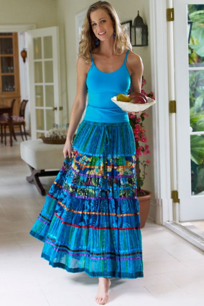 Blue scoop neck tank top and matching pleated maxi gypsy skirt