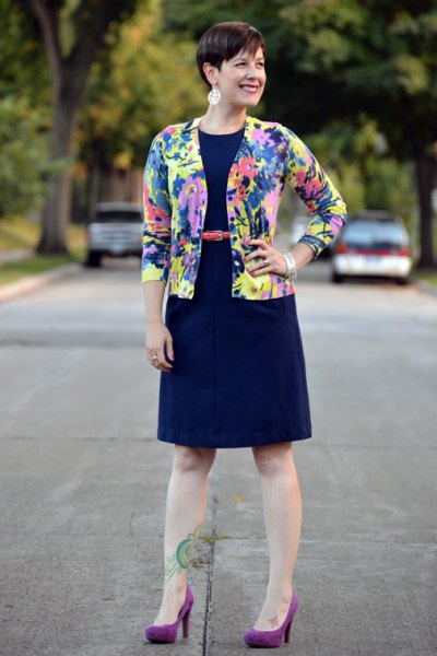 blue, yellow and pink printed cardigan with navy flared dress