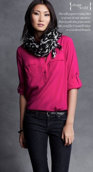 Blushing chiffon blouse with half sleeves and black and white printed scarf