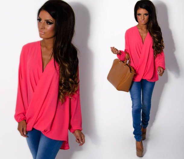 Rouge draped wrap blouse with blue jeans