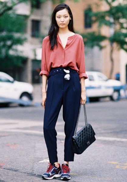 blush pink Carol shirt with high waisted black trousers