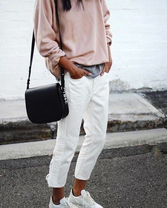 Pair with a chunky pink sweater and white boyfriend jeans to complement