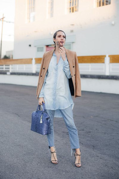 Rouge pink coat with light blue buttoned chambray tunic shirt
