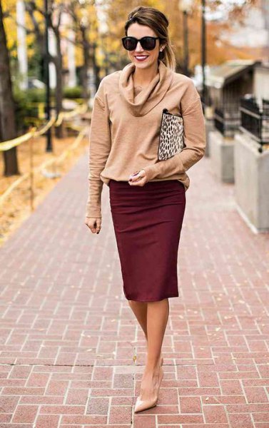 Rouge pink cowl neck sweater and maroon pencil skirt