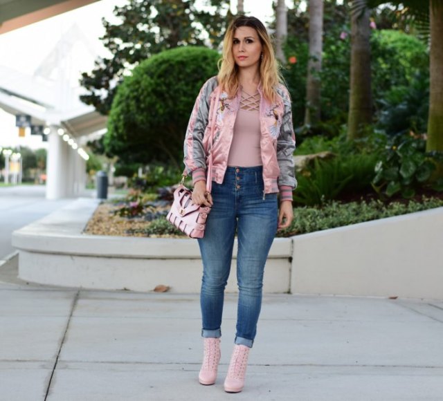 Pale pink embroidered bomber jacket with crossover top