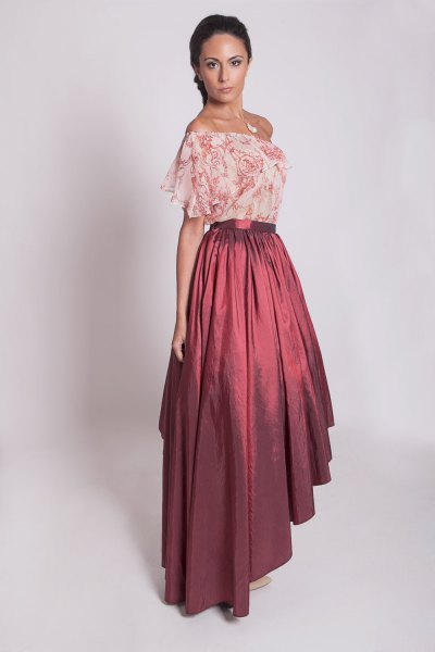 Off-the-shoulder chiffon top with floral print in soft pink and taffeta maxi skirt