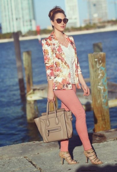 Rouge pink jacket with white ruched bodice and crepe skinny jeans