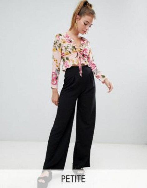 soft pink knotted chiffon blouse with black jeans