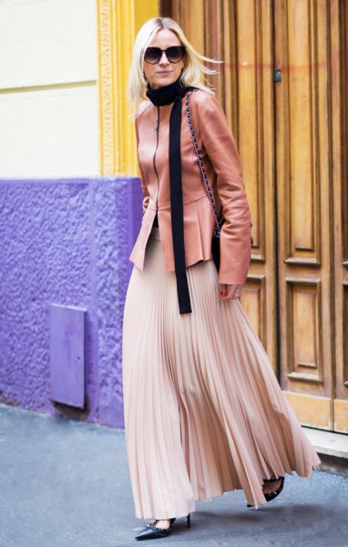 blush pink leather jacket with rose gold pleated maxi skirt