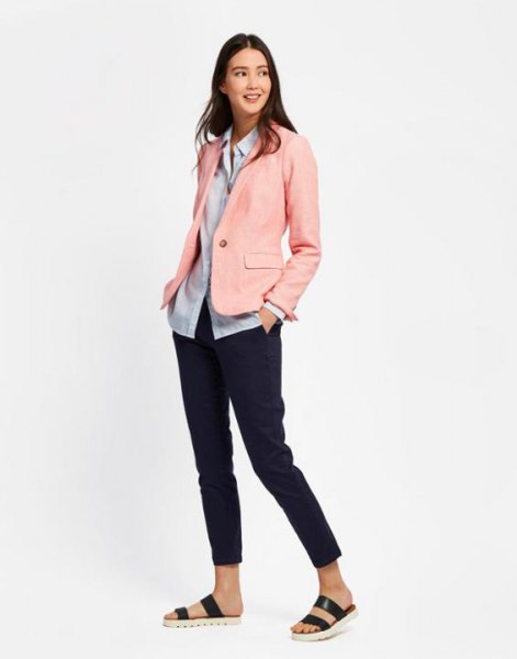 Blush pink linen blazer with light blue shirt and slide sandals