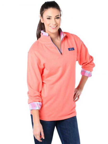 blush pink long sleeve polo shirt with gray and white checked shirt