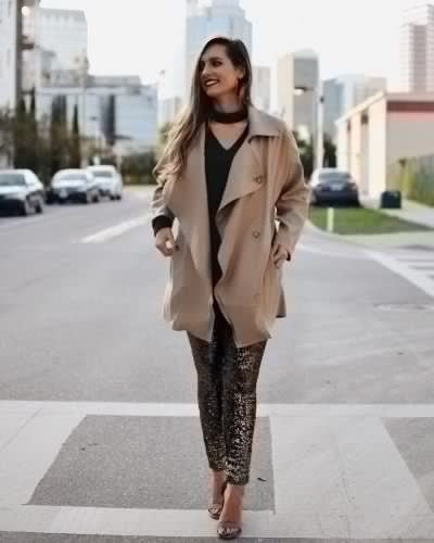 Blush pink longline trench coat with leopard print tights