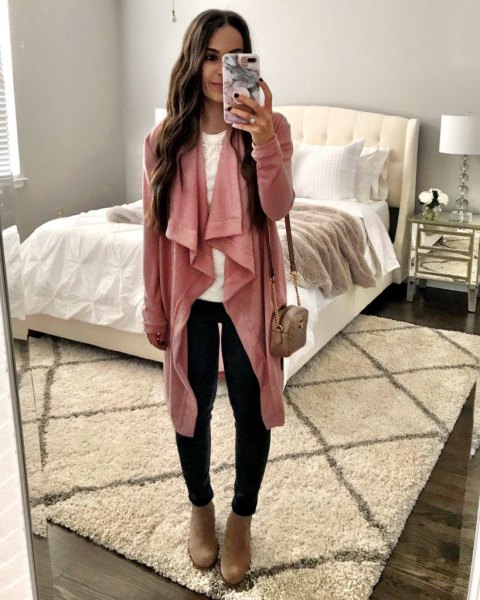Long-cut waterfall cardigan in soft pink, with black skinny jeans and camel boots