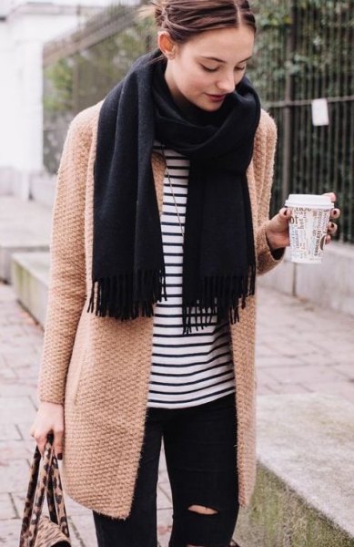 Rouge pink long wool coat with striped t-shirt and black scarf