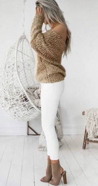 Off the shoulder knitted sweater in blush pink with white leggings