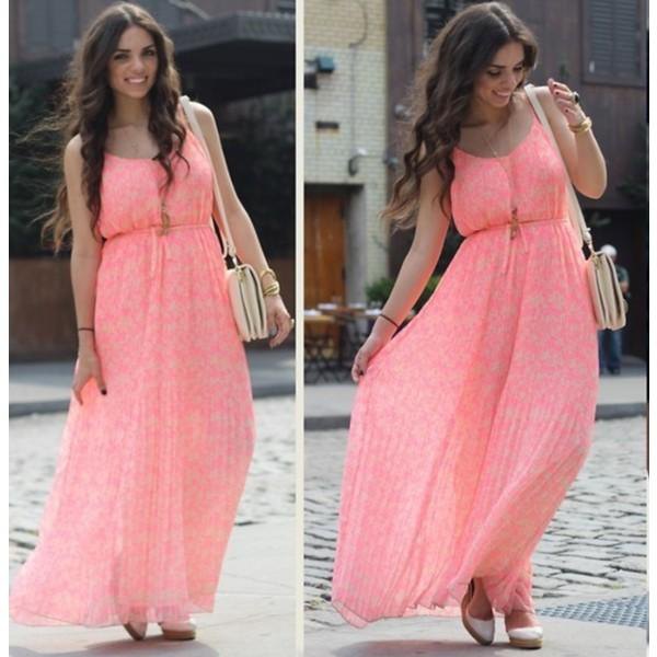 Pink lace maxi dress with a scoop neckline and a gathered waist