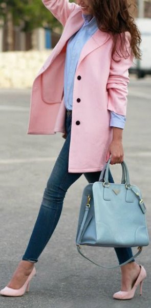 Rouge wool coat with blue button down shirt and pale pink pointed heels