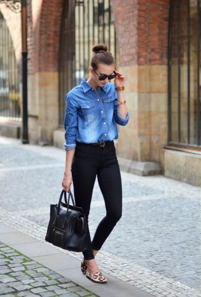 Boyfriend denim shirt paired with slim fit black jeans