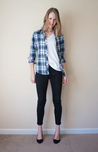 Checked boyfriend shirt with white scoop neck t-shirt and ballerina flats