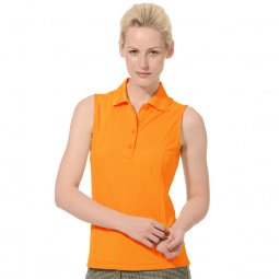 bright orange sleeveless polo shirt with gray striped pants