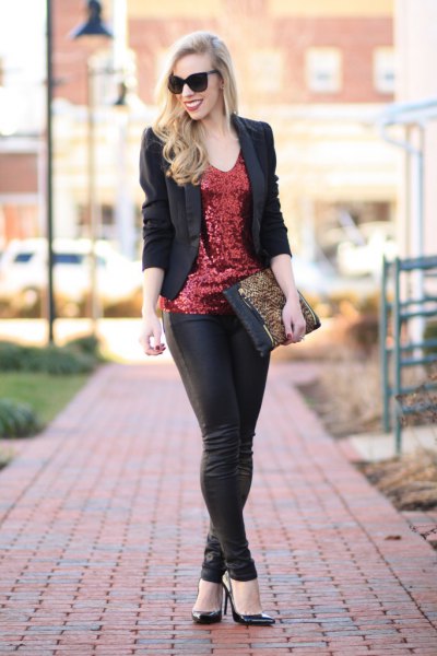 bronze sequin tank top with black blazer and leather leggings