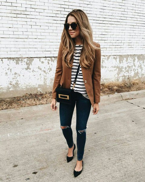 Brown blazer with a black and white striped t-shirt and pointy ballerinas