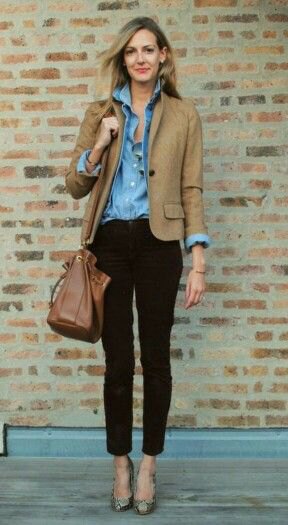 Brown blazer, blue button down chambray shirt and black cropped jeans