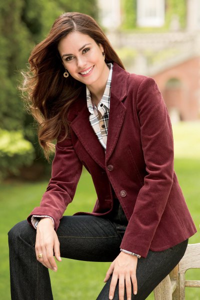 brown blazer with pink and white checked button down shirt