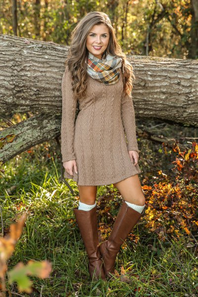 Brown cable knit mini dress and knee high leather boots