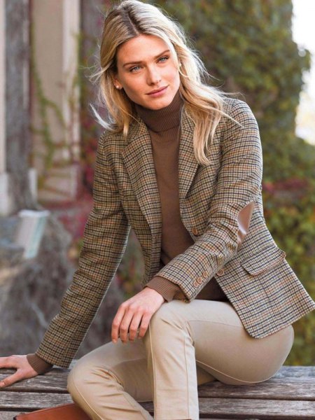 brown checkered tweed blazer with turtleneck