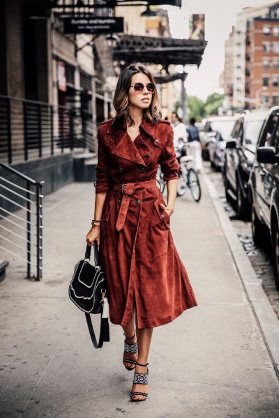 Brown suede belted coat dress with black strappy heels