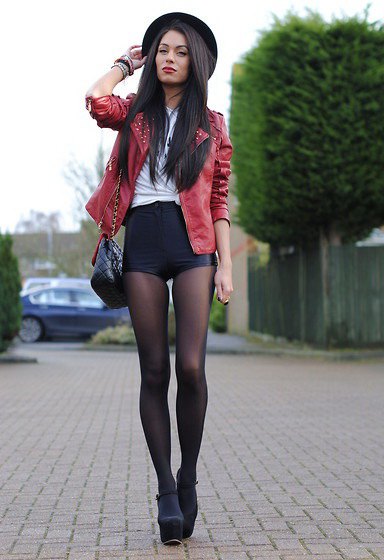 Brown suede fitted blazer with leather shorts and stockings