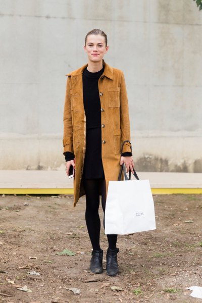 Brown suede coat with black sheath dress