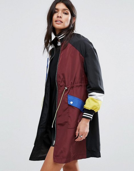 Burgundy and black longline sport coat with mini shift dress