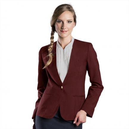 Burgundy blazer with pink collarless blouse and black pencil skirt