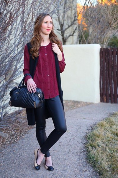 Burgundy elegant tunic blouse with buttons and black leather trousers
